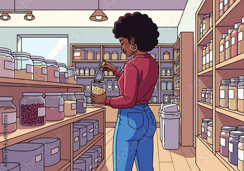 Woman filling container with grains in zero waste bulk food store