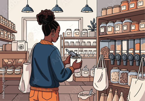 Shopper using reusable bag and scoop at organic bulk food market