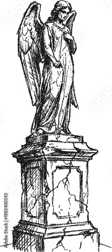 Angel Statue on Cracked Pedestal Vintage  