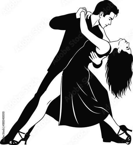 passionate tango dancing couple silhouette on white background
