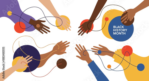 Diverse hands reaching for colorful connected circles on Black History Month illustrations with people of different ethnicities.