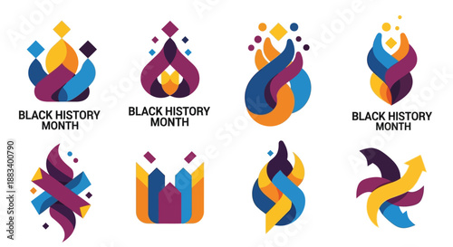 Vector illustrations of Black History Month logos and icons featuring colorful abstract designs and American cultural elements.