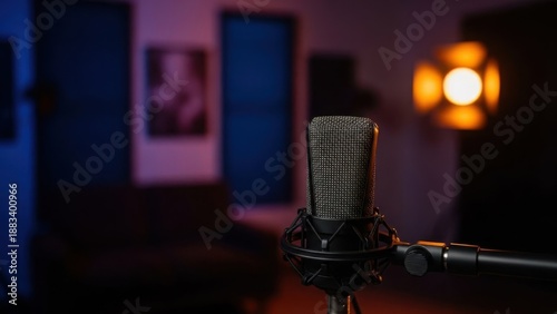 Professional Condenser Microphone on Stand in Dark Studio with Blue and Orange Contrast Light