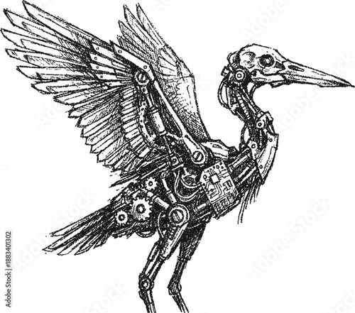 Mechanical Bird, Robotic Crane Steampunk with Gears and Circuitry, Cyberpunk Avian Technology Concept Art
