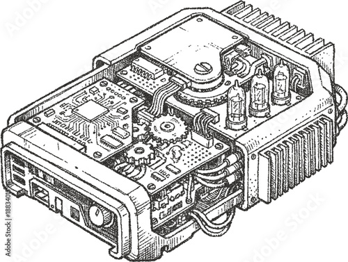 Isometric Retro-Futuristic Electronic Hardware with Circuit Board and Vacuum Tubes