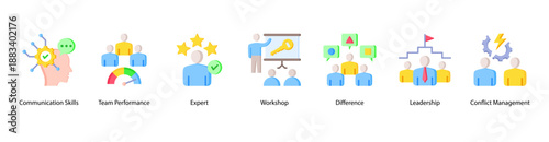 Leadership Skills web banner vector illustration featuring Communication Skills, Team Performance, Expert, Workshop, Difference, Leadership, and Conflict Management.