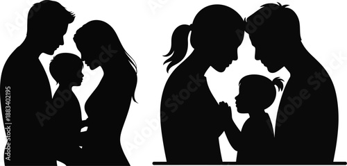 Two different silhouette illustrations of happy families with parents and child in loving embrace isolated on transparent background.silhouette vector design