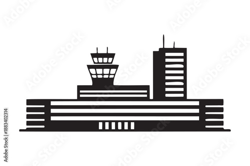 Airport Terminal with Control Tower in Modern Minimalist Style with Black Silhouette and White Background for Travel Industry