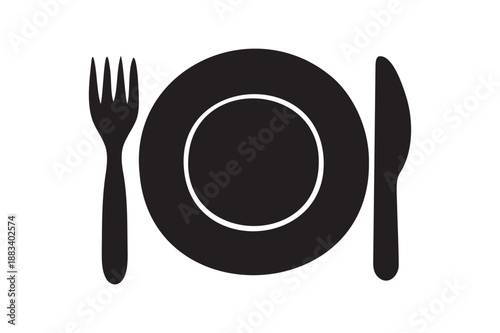 Black Plate with Fork and Knife Silhouette in Simple Flat Design on White Background for Restaurant Logo