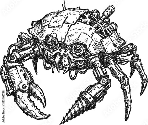 Stipple Robotic Mechanical Crab Sketch, Sci-Fi Cyborg Crustacean with Drill and Claw, Mecha 