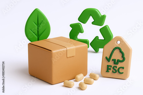 Eco-friendly packaging with recycled materials, including a tag indicating FSC certification.