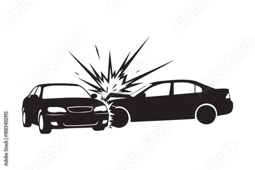 Car Crash Silhouette Black and White Illustration for Insurance Claim