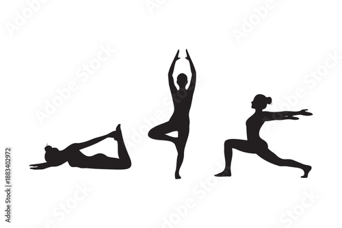 Yoga Silhouettes in Various Poses with Serene Mood in Black on White Background for Fitness Illustration