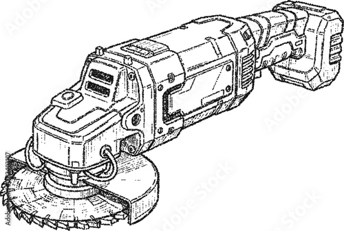 Stipple Cordless Angle Grinder Power Tool Line Drawing, Industrial Handheld Circular Saw for Construction and DIY Projects