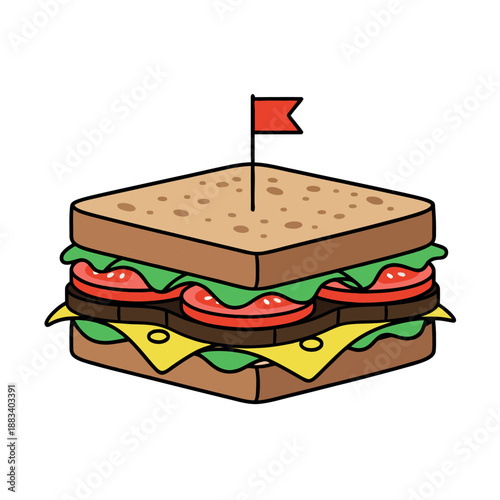 Flat cartoon club sandwich with cheese, vegetables and red flag toothpick, vector illustration isolated on white background.