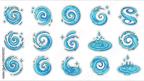 Vibrant Blue Water Splash Sticker Set Featuring Dynamic Swirls and Splashes in a Modern Illustration Style