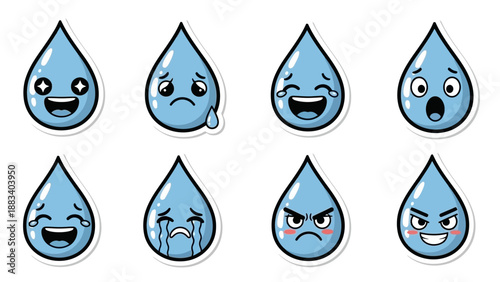 Collection of blue wave shapes with various facial expressions on white background.eps