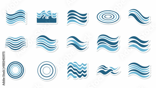 Collection of blue water droplets forming wavy patterns and circular designs on white background.eps