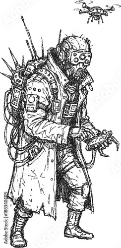 Stipple Cyberpunk Drone Operator - Futuristic Tech Specialist of a Sci-Fi Character with Quadcopter