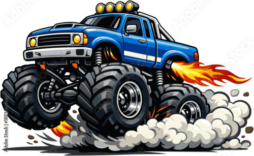 Cartoon monster truck, blue, with oversized wheels, flame, smoke. Vector illustration
