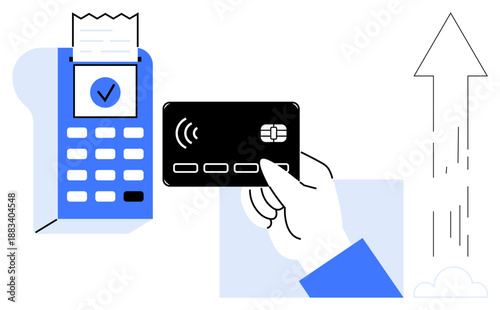 Digital payments, fintech, online transactions, contactless technology, business growth, wireless purchases. Hand holding credit card near reader with checkmark and upward arrow. Digital payments
