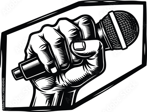 Vector  illustration of Illustration of a fist holding a microphone in a frame isolated on transparent background
