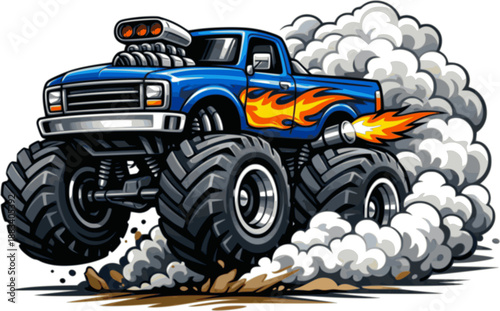 Cartoon monster truck, blue, with oversized wheels, flame, smoke. Vector illustration
