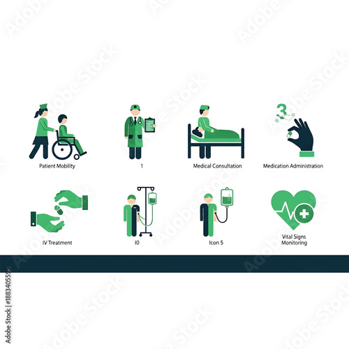 Set of eight medical and healthcare service icons depicting patient care, consultation, medication, and vital signs monitoring.