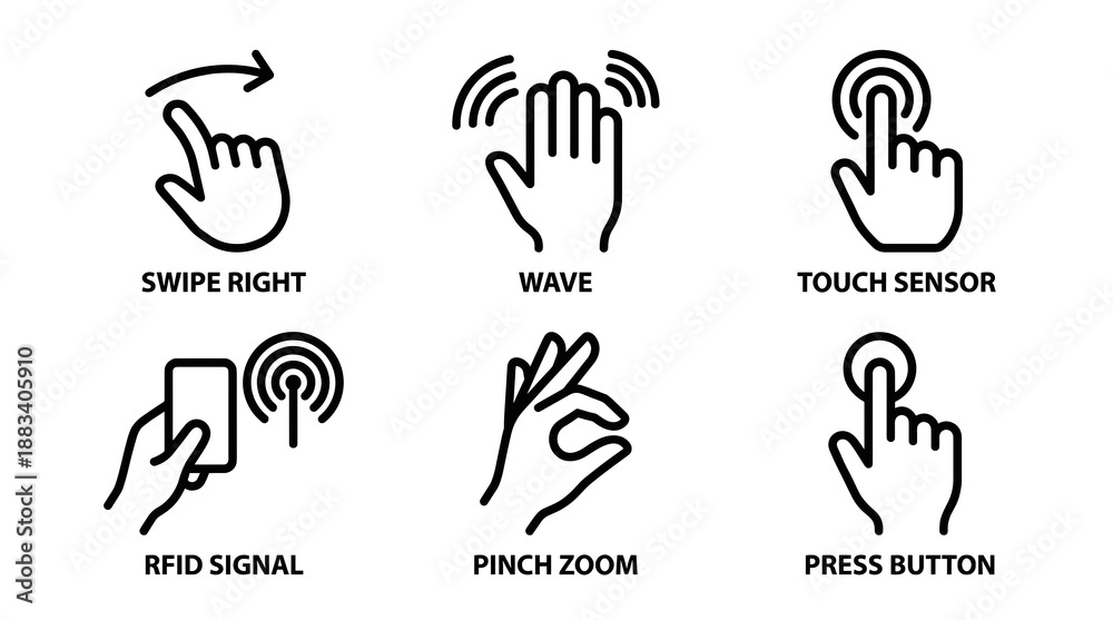 Fototapeta premium Hand gesture icons including swipe right wave touch sensor rfid pinch zoom and press button