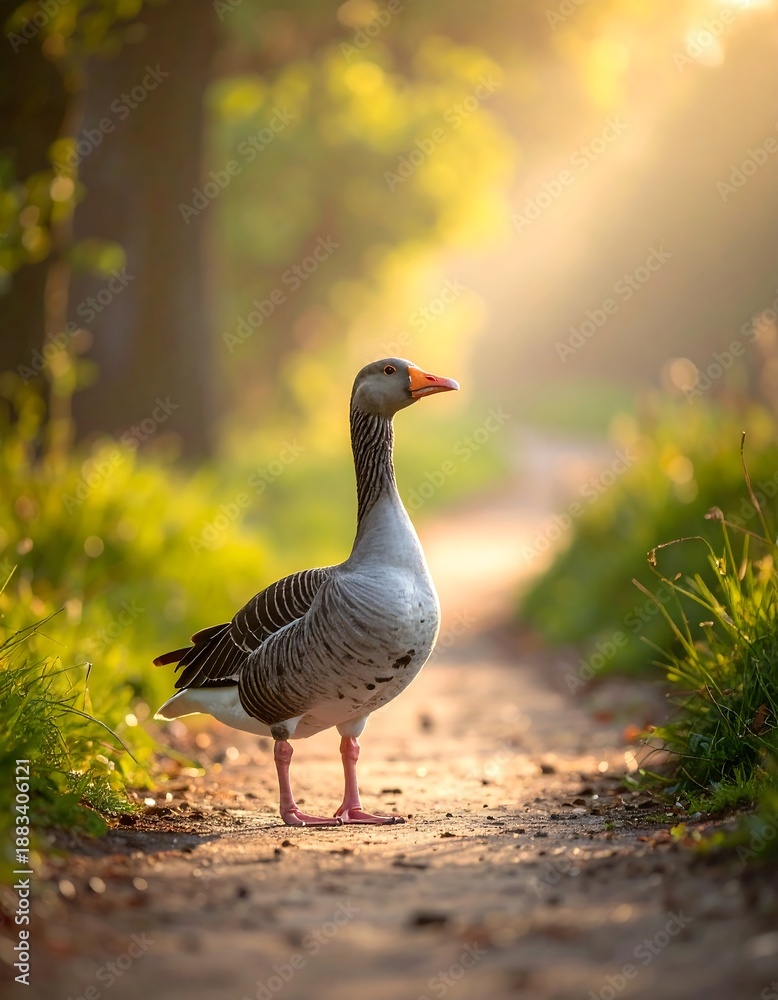 Obraz premium A goose stands on a sunlit dirt path through a park. Sunlight streams through the trees creating a soft, warm atmosphere