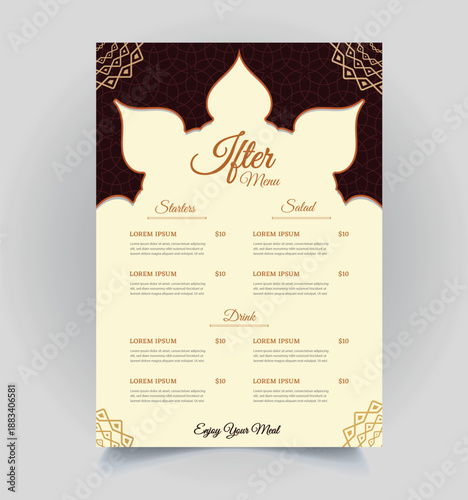 Restaurant iftar menu design for Ramadan Kareem  with decorative ornament pattern and lantern	