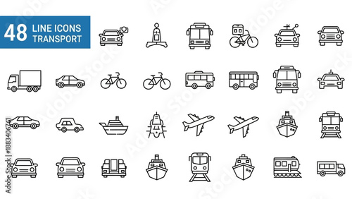 Collection of 48 various icons and symbols for transport and travel