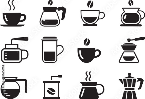  Coffee mug and tea cup vector icon set. Tea or coffee cups icons. Black silhouette collection with steam and heart symbols for cafe logo, coffee shop branding, menu design or hot drink element.