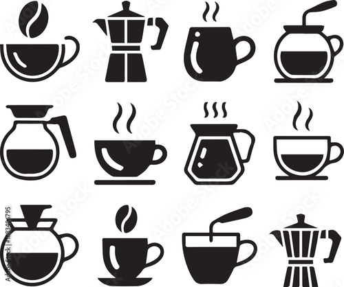  Coffee mug and tea cup vector icon set. Tea or coffee cups icons. Black silhouette collection with steam and heart symbols for cafe logo, coffee shop branding, menu design or hot drink element.