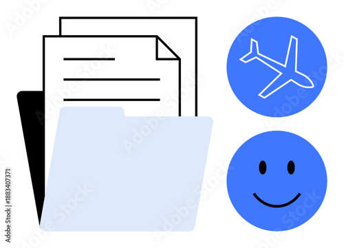 Travel planning. Documents and a folder paired with an airplane icon simplify travel organization. Travel concept optimizing tasks for trips. Useful for tourism, logistics, business, finance