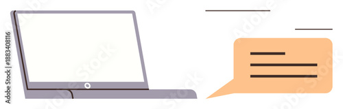 Online communication, messaging, technology, digital networking, remote work, virtual meetings. A laptop with a speech bubble digital interaction. Online communication and messaging concept