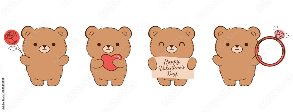 Obraz premium Cute teddy bear Valentine illustration set with heart, rose, engagement ring, and love message in soft pastel cartoon style for romantic designs.