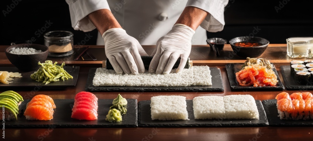 Obraz premium The Sushi Roll Being Carefully Rolled by a Chef with Fresh Ingredients