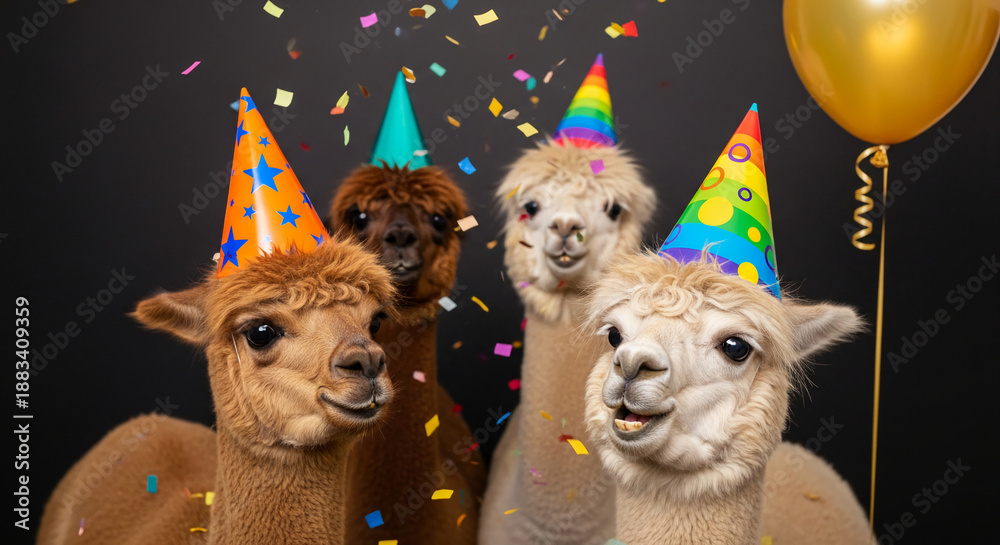 Fototapeta premium Four alpacas wearing party hats and confetti falling. Represents festive mood, animal birthday or celebration occasion with golden balloon on black background