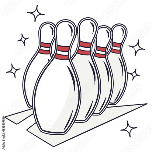Stylized bowling pins illustration with sparkling star elements and clean outlines representing victory strike and game success