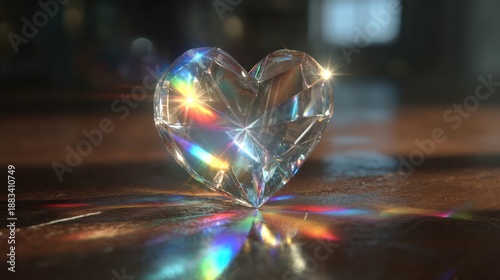 A crystal clear Valentine heart reflecting rainbow lights in a dim room, 8k, realistic, full ultra HD, high resolution, cinematic photography