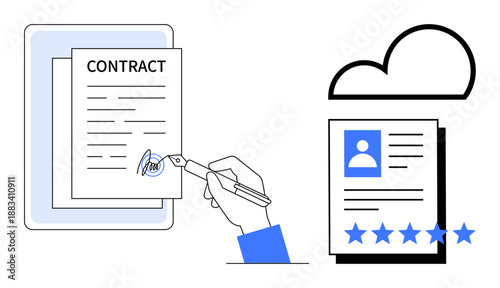 Hand signing a contract document alongside a profile sheet linked to a cloud with a five-star rating. Ideal for business, agreements, document management, cloud storage, career, digital security