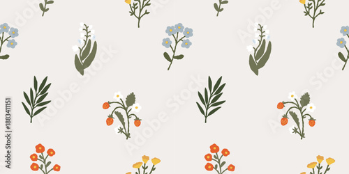 Seamless pattern with hand drawn blue wildflowers and meadow grasses on white background. Decorative wrapping paper and textile backgrounds