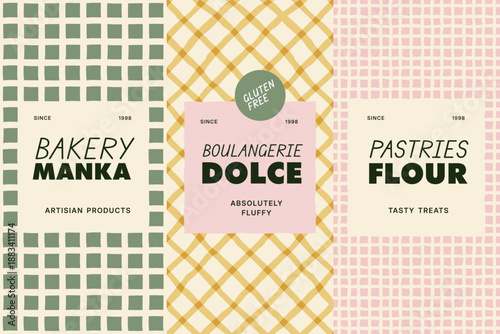 Bakery packaging design templates with seamless patterns, hand-drawn grids and stripes, and artisan labels for bread and pastry brands.