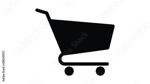 a simple black shopping cart icon displayed against a clean white background silhouette