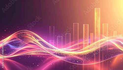 Abstract glowing waves and digital bar graphs representing data visualization and technological progress.