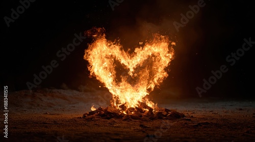A fiery Valentine heart blazing in the center of a dark bonfire night, 8k, realistic, full ultra HD, high resolution, cinematic photography