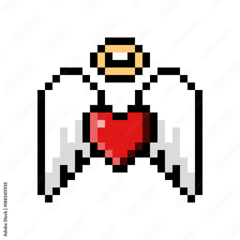 Fototapeta premium Pixel Art Heart with Angel Wings and Halo