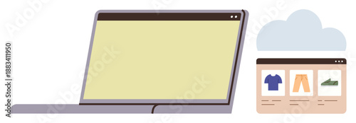 E-commerce, digital trade, cloud computing, online browsing, retail platforms, technology usage. Laptop alongside cloud icon and displayed online store layout. E-commerce and digital trade