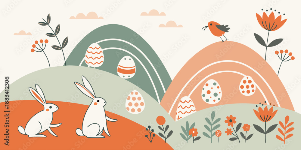 Fototapeta premium Easter Landscape Illustration with Bunnies and Eggs Vector